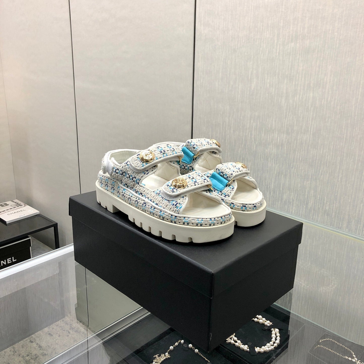 DAD SANDAL IN WHITE MIX LIGHT BLUE TWEED FABRIC - 35