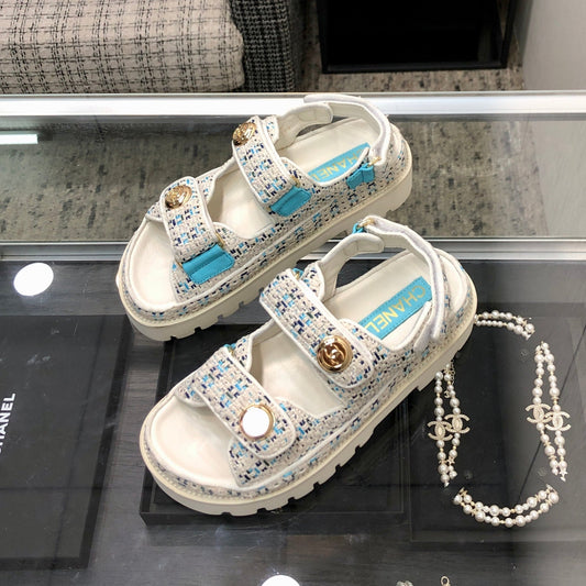 DAD SANDAL IN WHITE MIX LIGHT BLUE TWEED FABRIC - 35