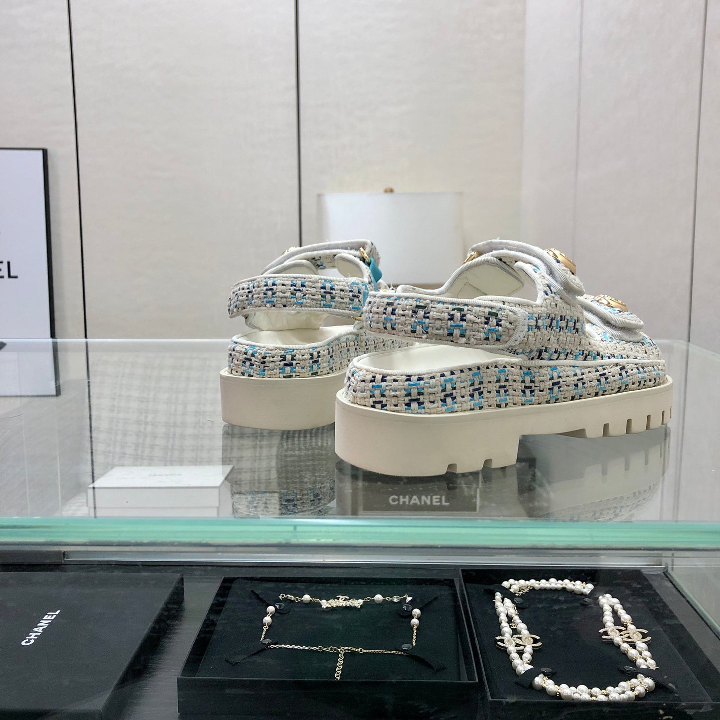 DAD SANDAL IN WHITE MIX LIGHT BLUE TWEED FABRIC - 35