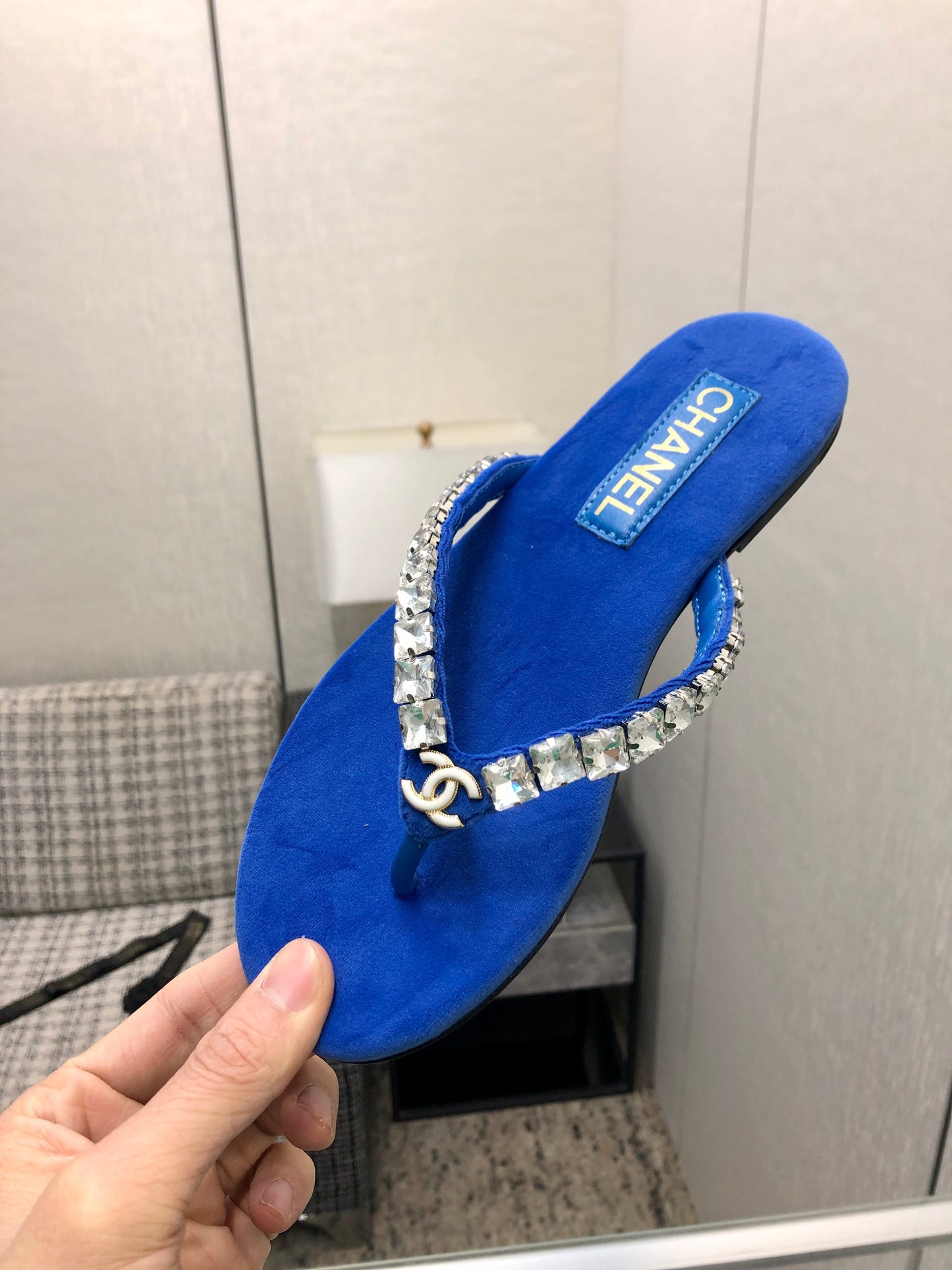 THONG SLIDE IN COBALT BLUE SUEDE WITH WHITE CRYSTALS - 35