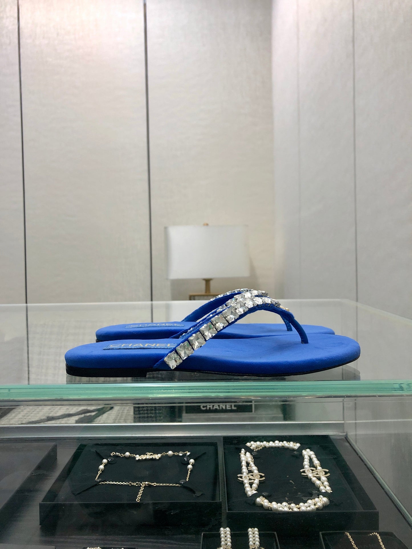THONG SLIDE IN COBALT BLUE SUEDE WITH WHITE CRYSTALS - 35