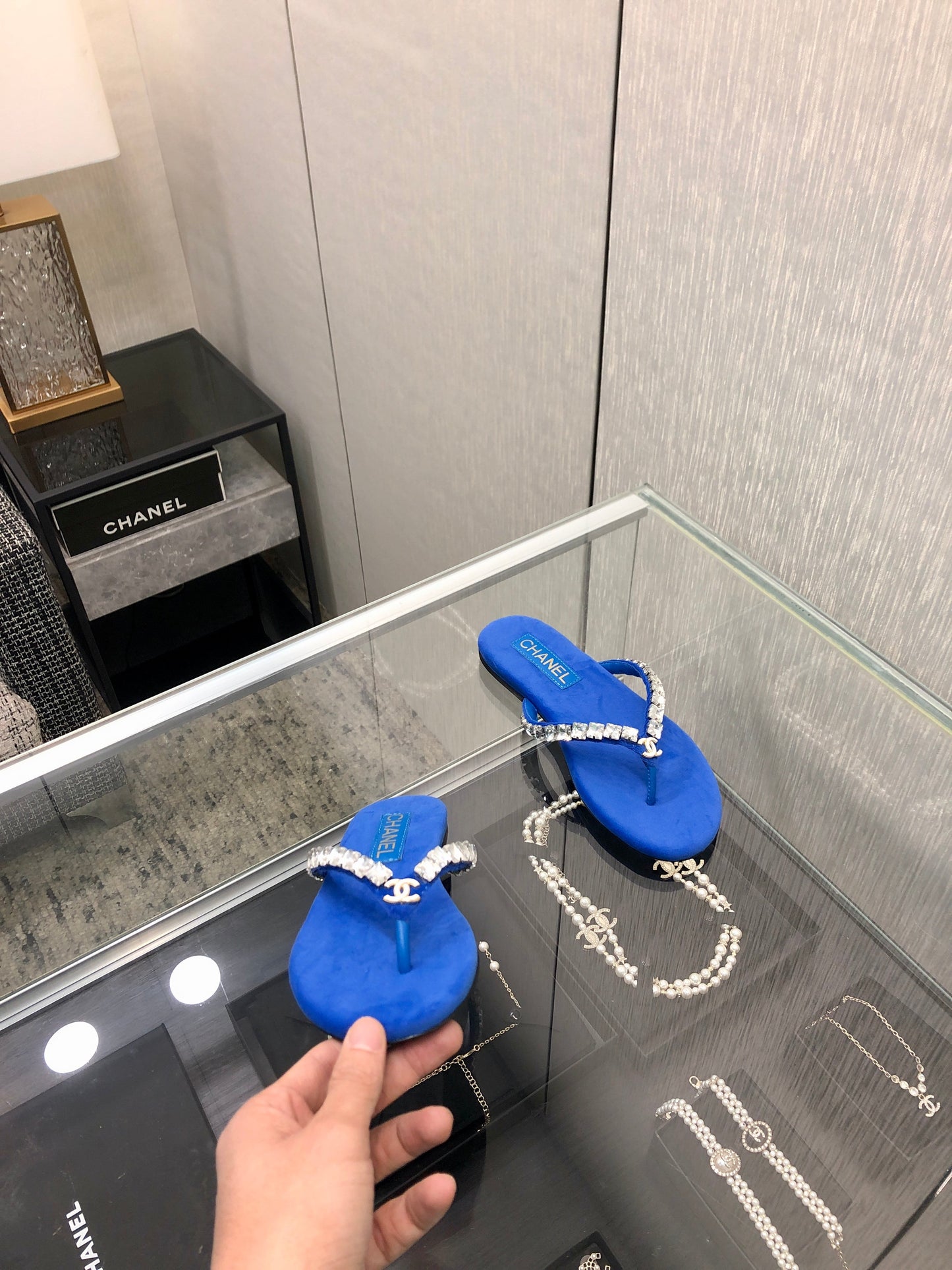 THONG SLIDE IN COBALT BLUE SUEDE WITH WHITE CRYSTALS - 35