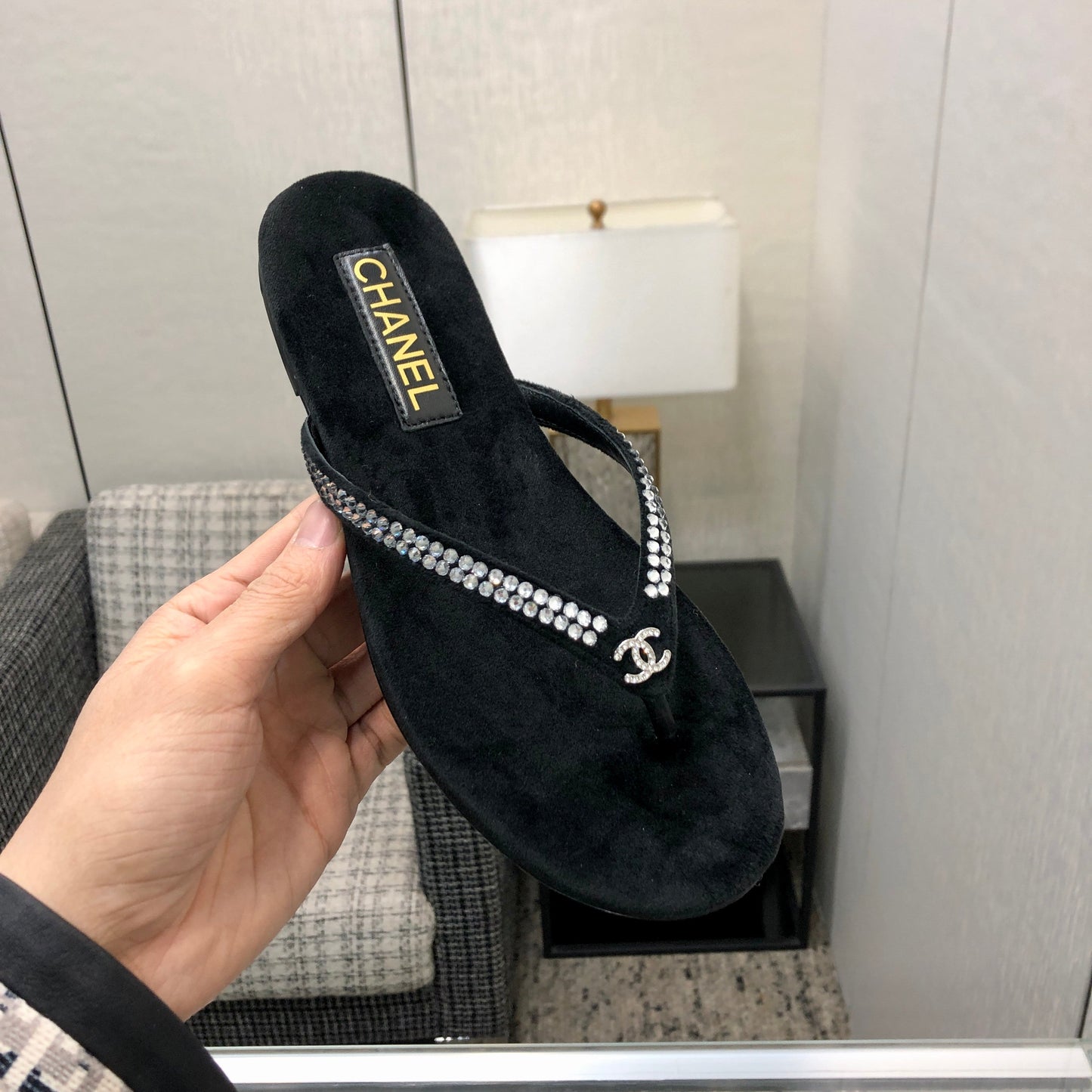 THONG SLIDE IN BLACK SUEDE WITH WHITE RHINSTONES - 35