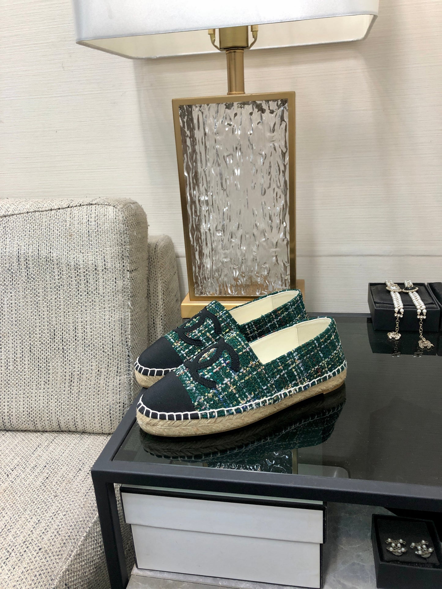 ESPADRILLE FOREST GREEN TWEED FABRIC AND BLACK CALFSKIN FLATS - 35
