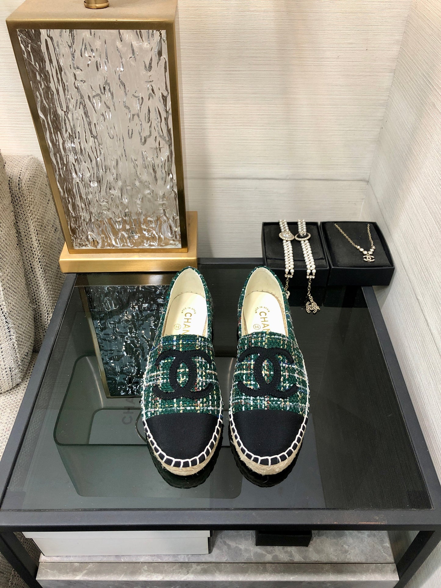 ESPADRILLE FOREST GREEN TWEED FABRIC AND BLACK CALFSKIN FLATS - 35