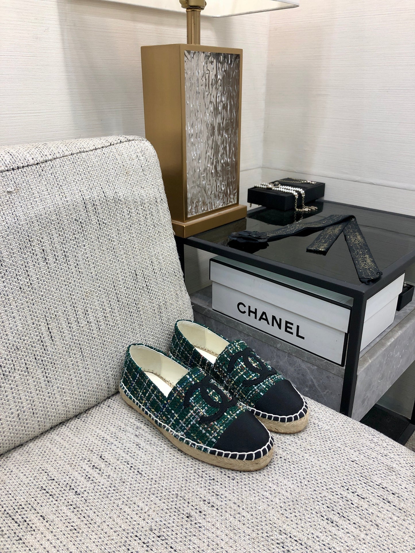 ESPADRILLE FOREST GREEN TWEED FABRIC AND BLACK CALFSKIN FLATS - 35
