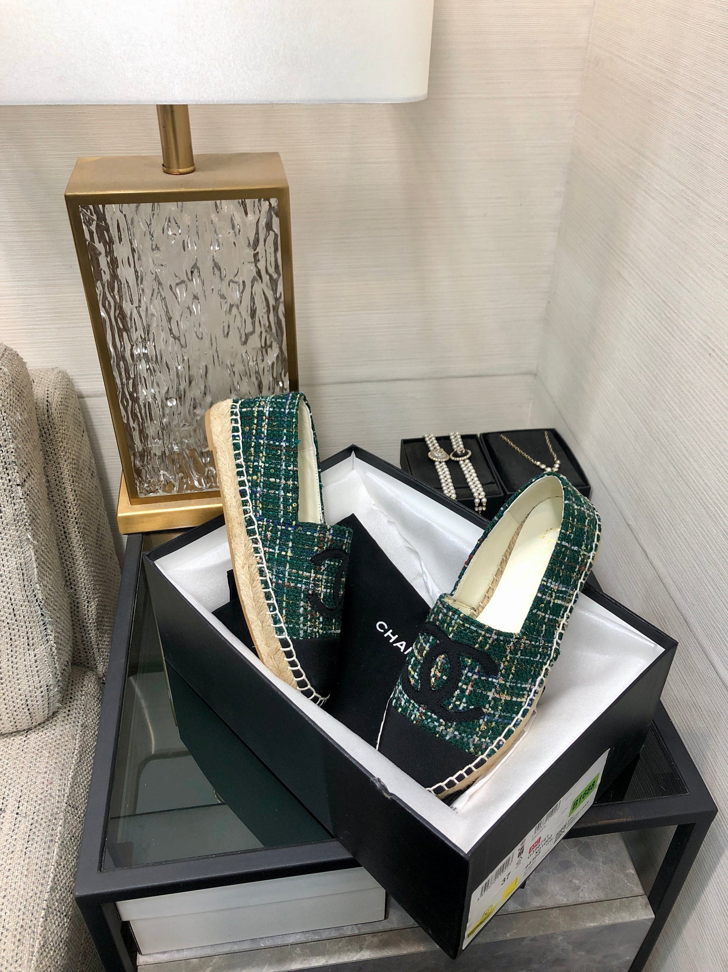 ESPADRILLE FOREST GREEN TWEED FABRIC AND BLACK CALFSKIN FLATS - 35