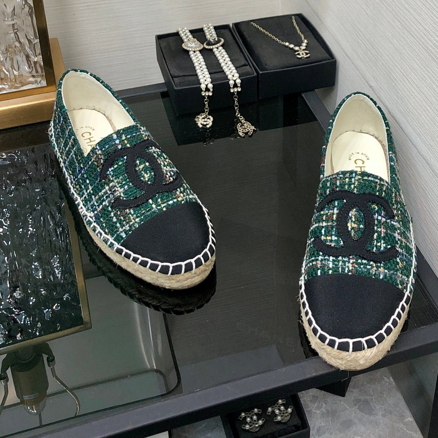 ESPADRILLE FOREST GREEN TWEED FABRIC AND BLACK CALFSKIN FLATS - 35