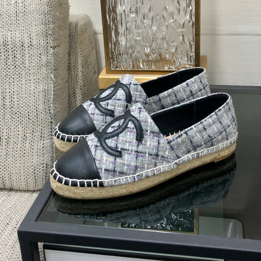 ESPADRILLE COLORFUL TWEED FABRIC AND BLACK CALFSKIN FLATS - 35