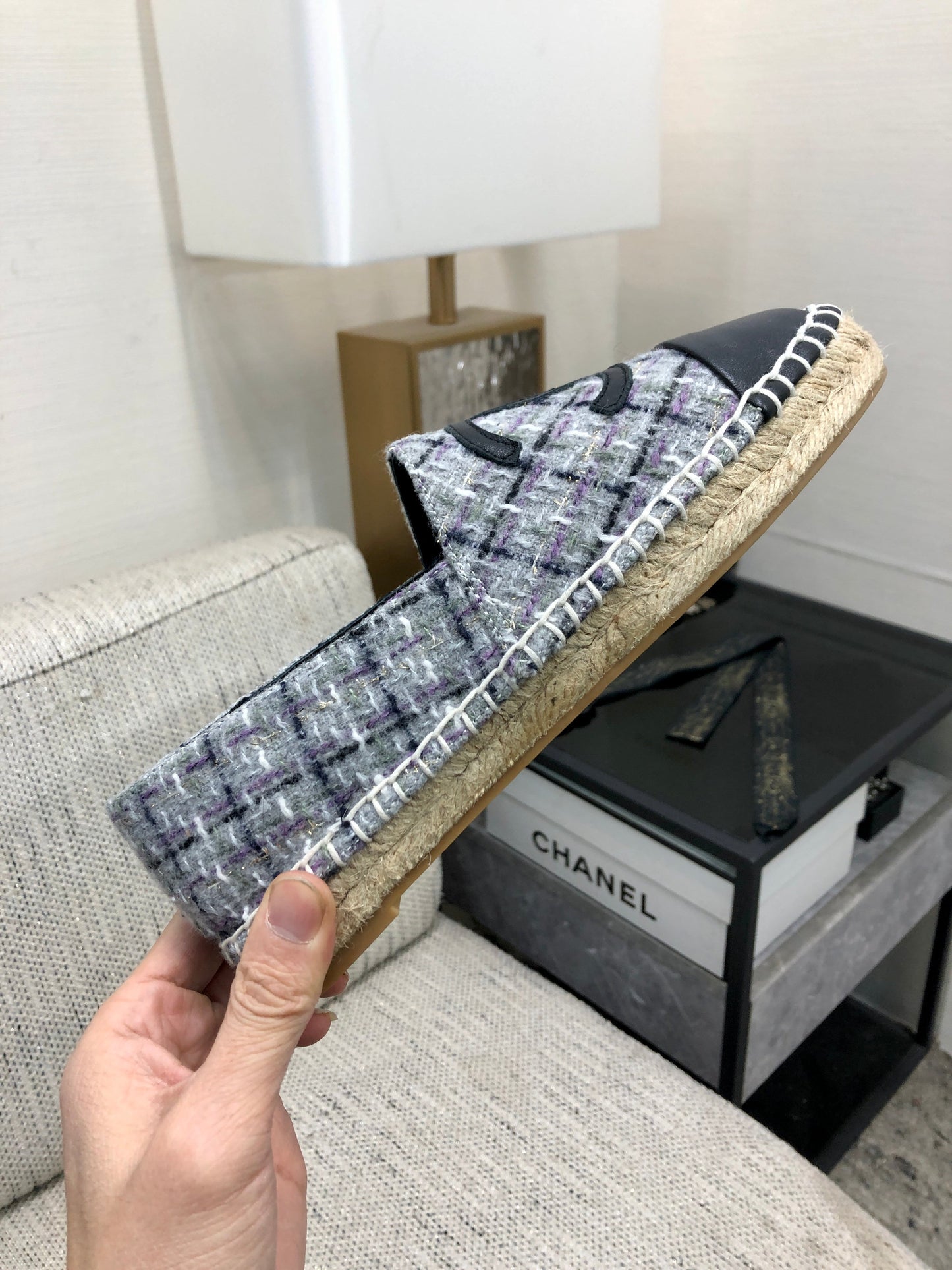 ESPADRILLE COLORFUL TWEED FABRIC AND BLACK CALFSKIN FLATS - 35