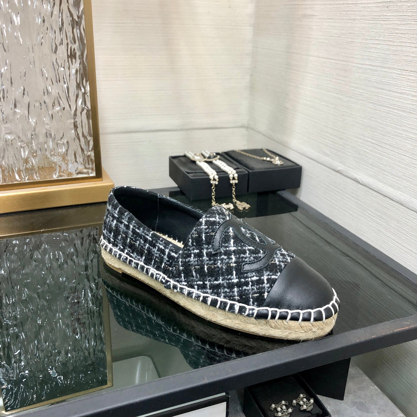 ESPADRILLE BLACK MIX WHITE TWEED FABRIC AND CALFSKIN FLATS - 35