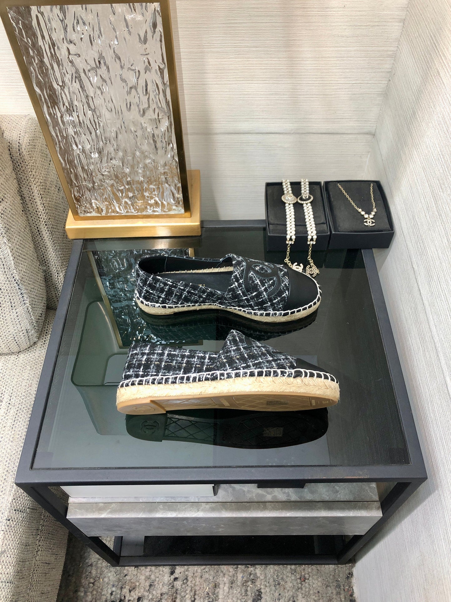 ESPADRILLE BLACK MIX WHITE TWEED FABRIC AND CALFSKIN FLATS - 35