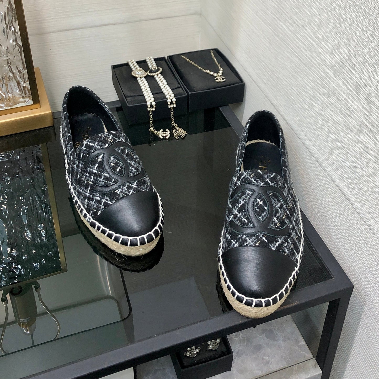 ESPADRILLE BLACK MIX WHITE TWEED FABRIC AND CALFSKIN FLATS - 35