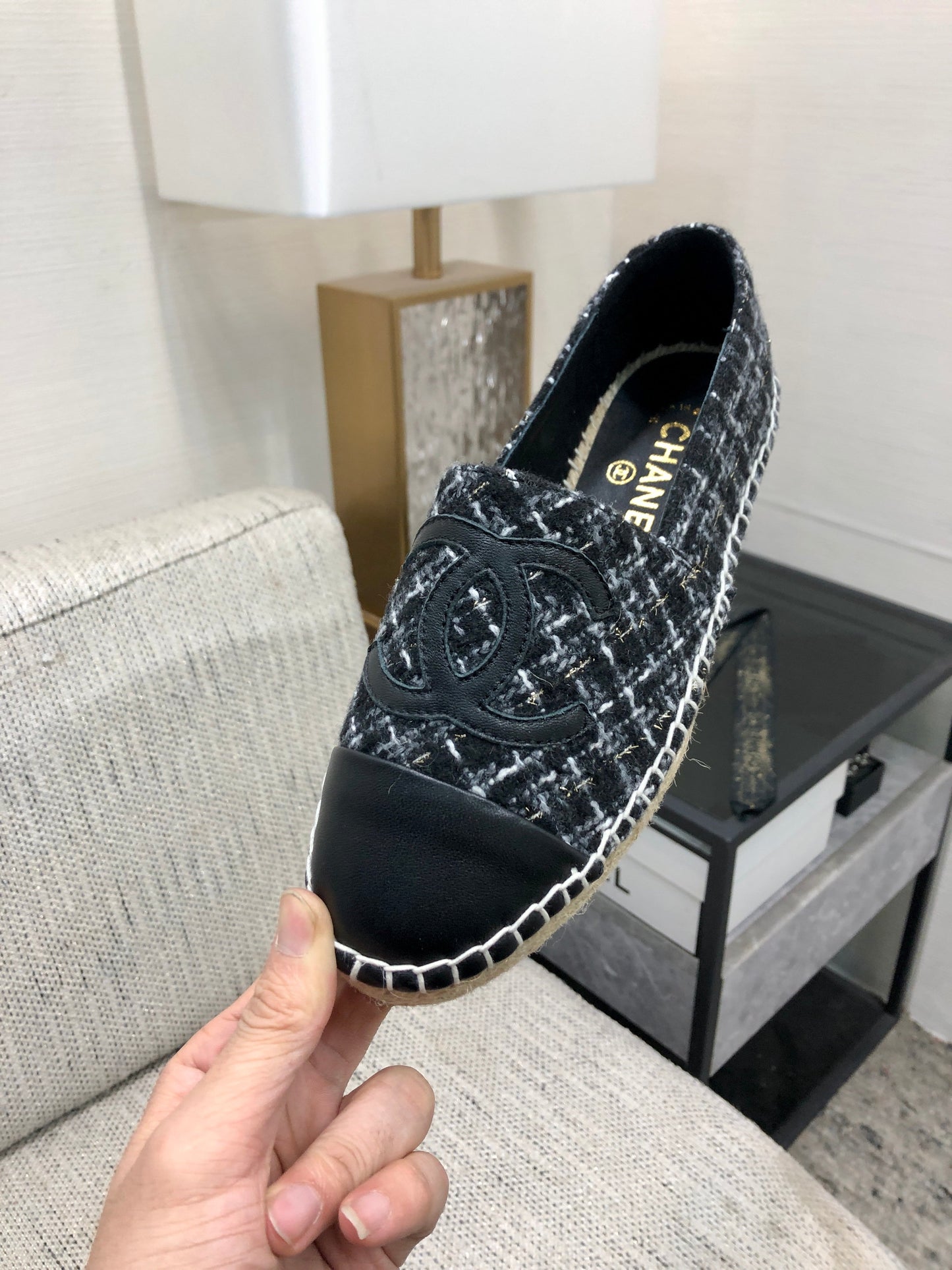 ESPADRILLE BLACK MIX WHITE TWEED FABRIC AND CALFSKIN FLATS - 35