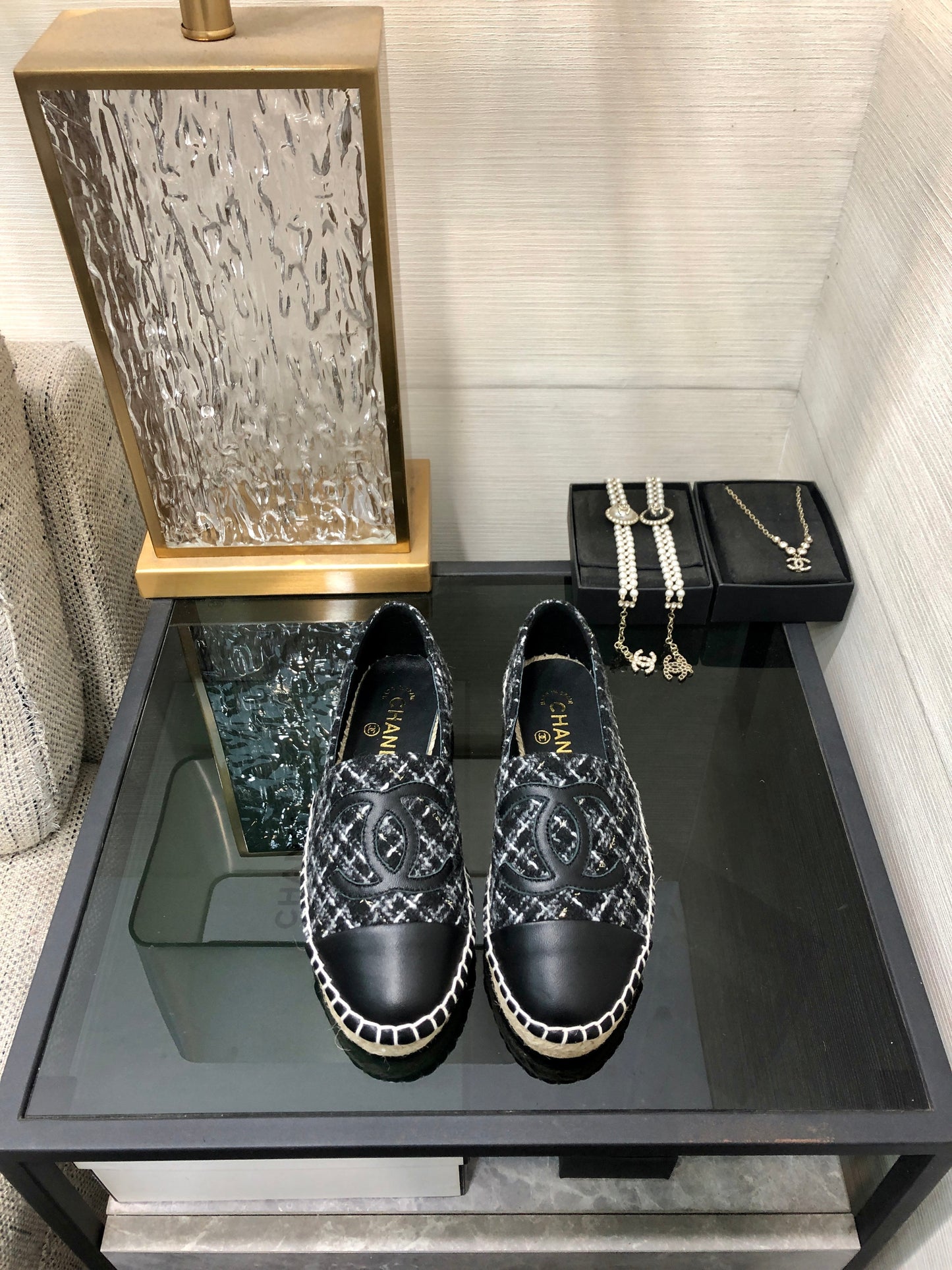 ESPADRILLE BLACK MIX WHITE TWEED FABRIC AND CALFSKIN FLATS - 35