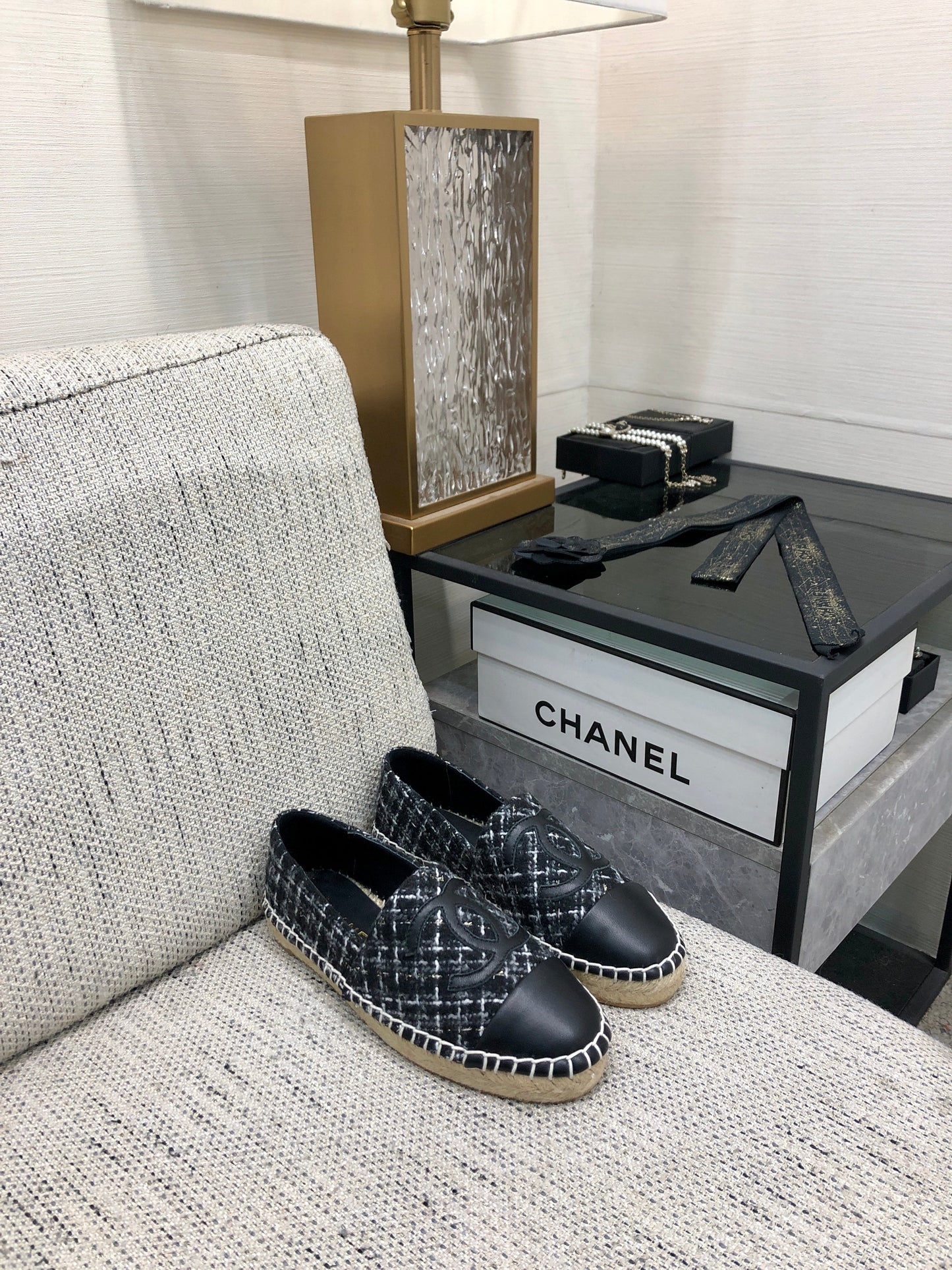 ESPADRILLE BLACK MIX WHITE TWEED FABRIC AND CALFSKIN FLATS - 35
