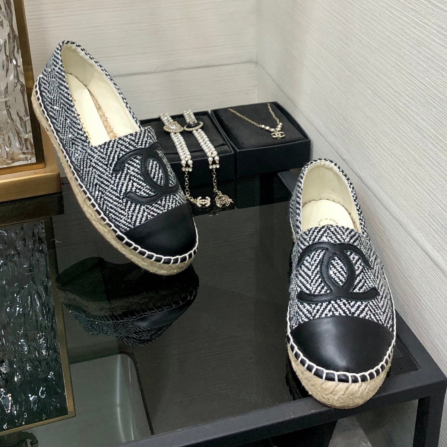 ESPADRILLE BLACK MIX WHITE TWEED FABRIC AND CALFSKIN FLATS 185046 - 35