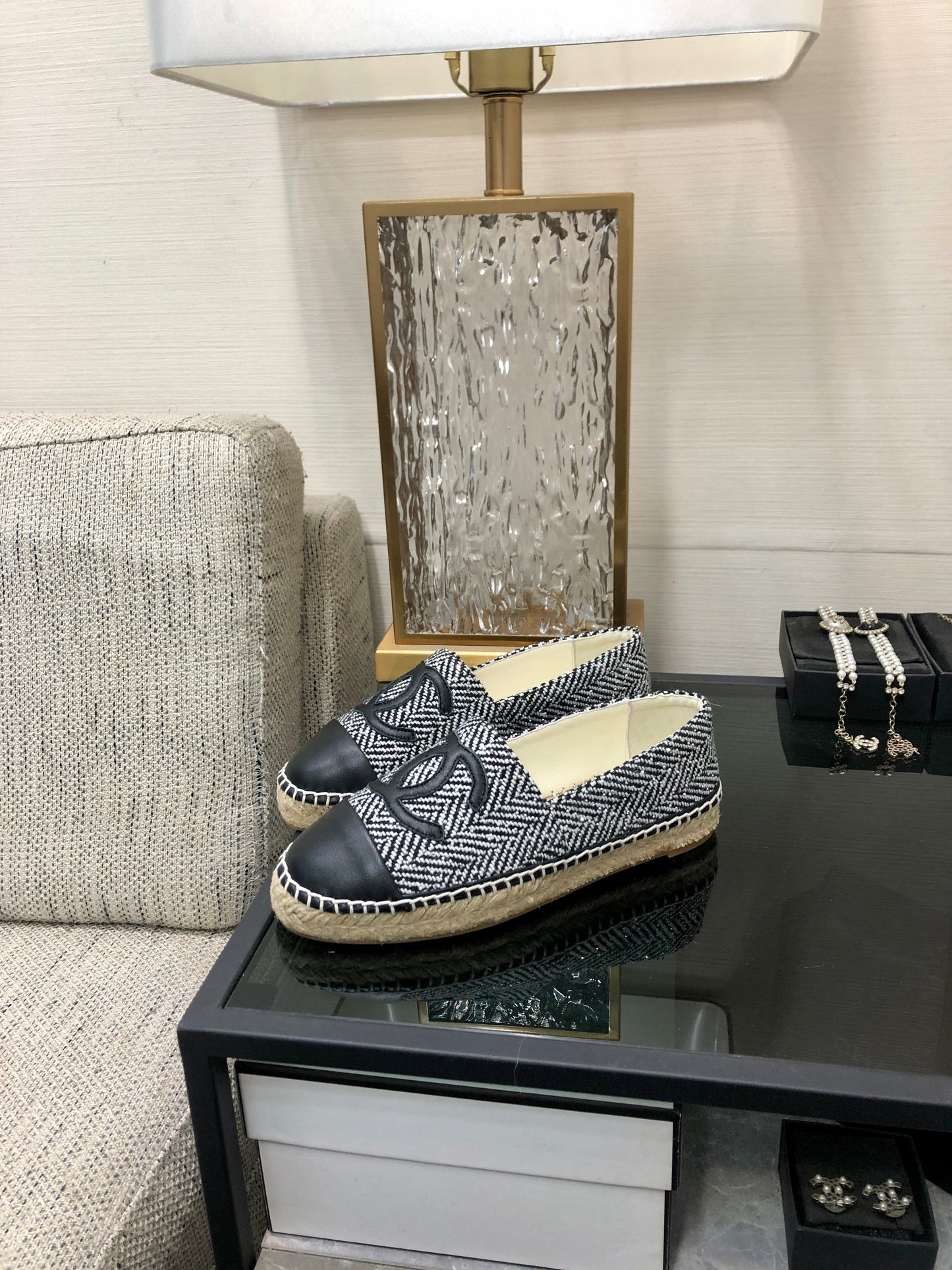 ESPADRILLE BLACK MIX WHITE TWEED FABRIC AND CALFSKIN FLATS 185046 - 35