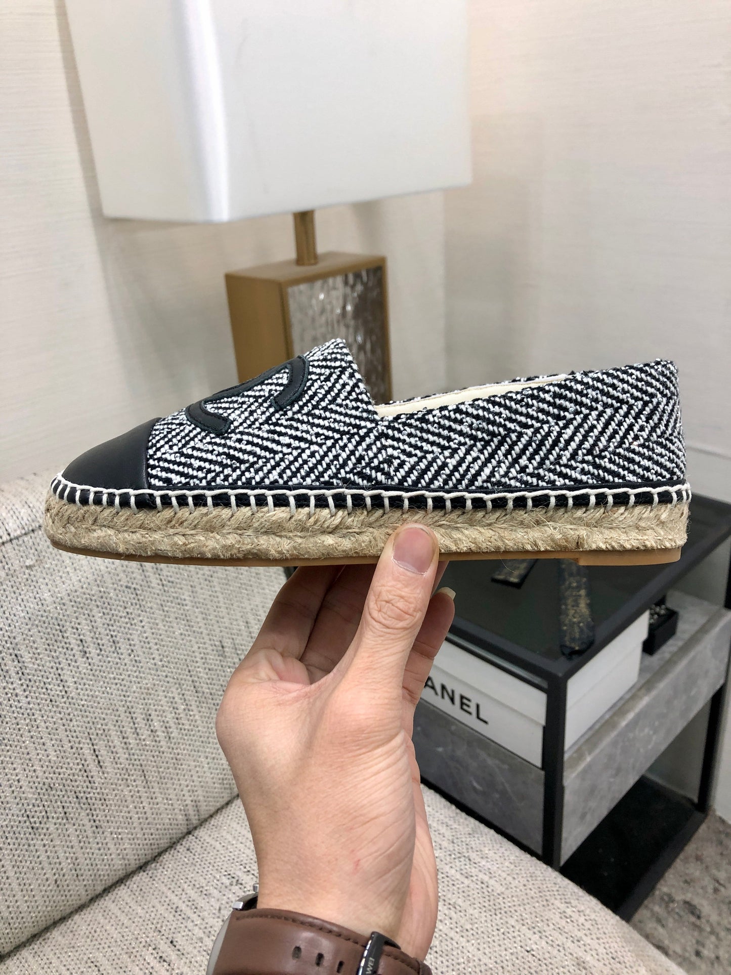 ESPADRILLE BLACK MIX WHITE TWEED FABRIC AND CALFSKIN FLATS 185046 - 35