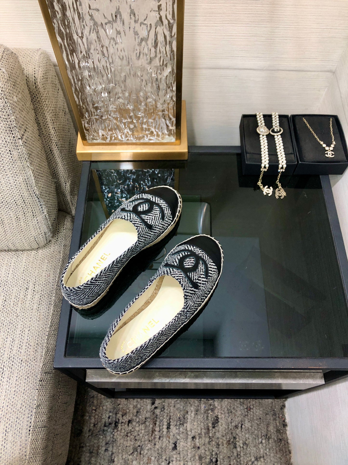 ESPADRILLE BLACK MIX WHITE TWEED FABRIC AND CALFSKIN FLATS 185046 - 35