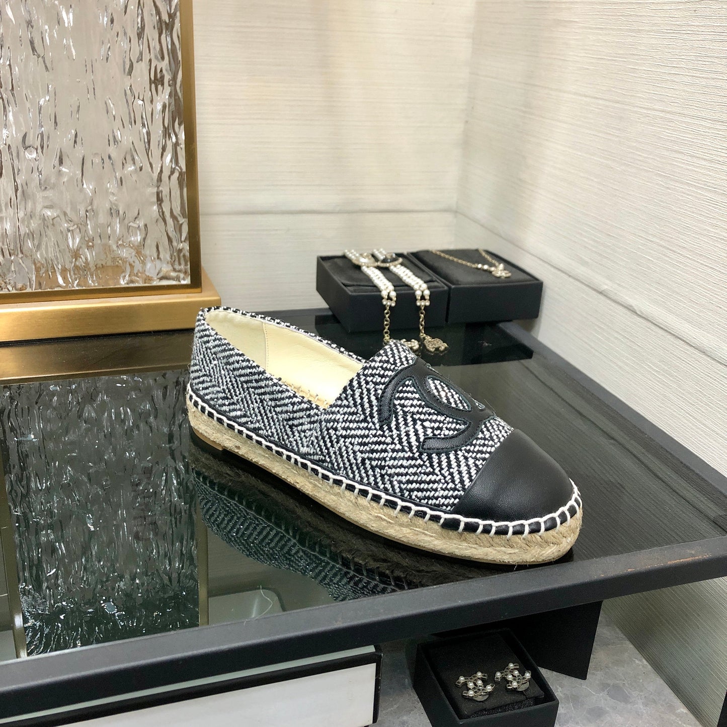 ESPADRILLE BLACK MIX WHITE TWEED FABRIC AND CALFSKIN FLATS 185046 - 35