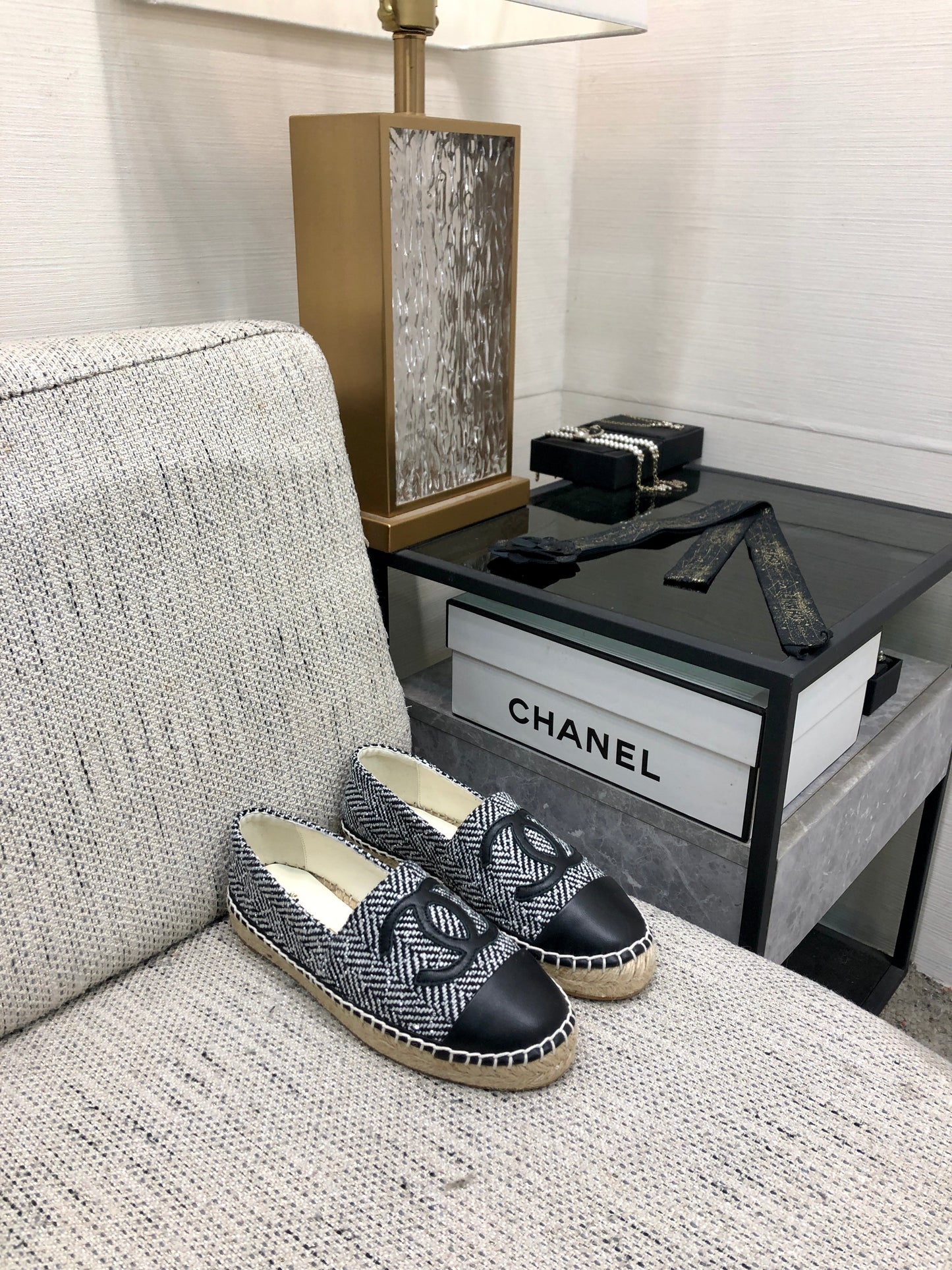 ESPADRILLE BLACK MIX WHITE TWEED FABRIC AND CALFSKIN FLATS 185046 - 35