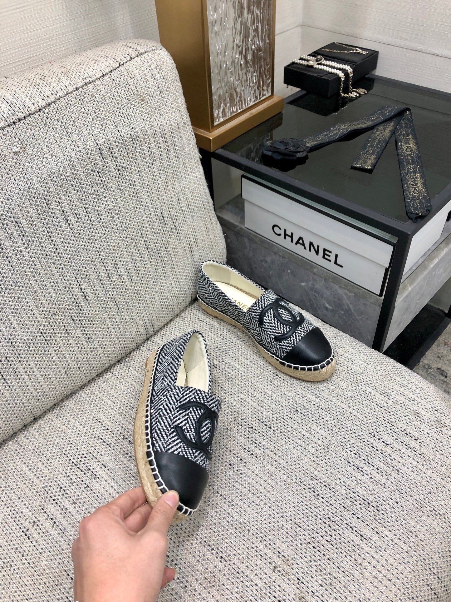 ESPADRILLE BLACK MIX WHITE TWEED FABRIC AND CALFSKIN FLATS 185046 - 35