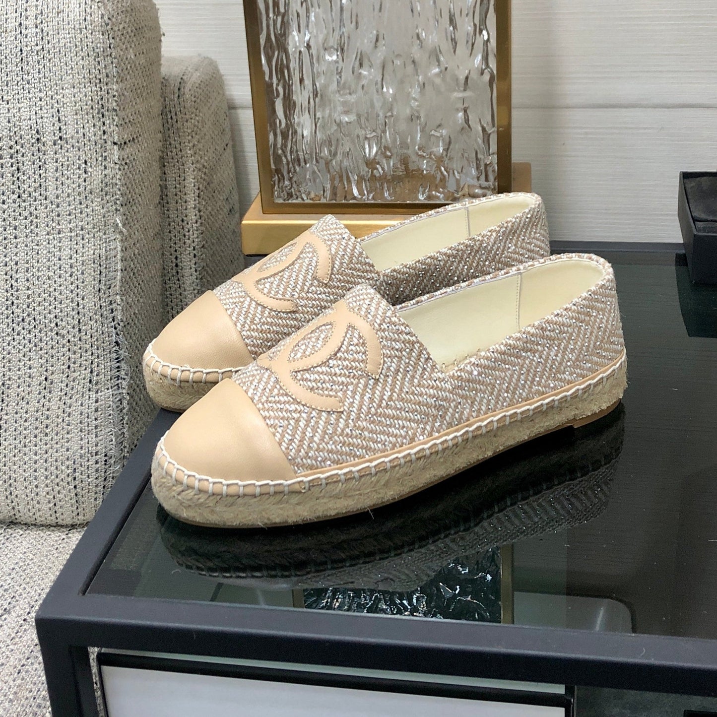 ESPADRILLE BISQUE BEIGE TWEED FABRIC AND CALFSKIN FLATS - 35