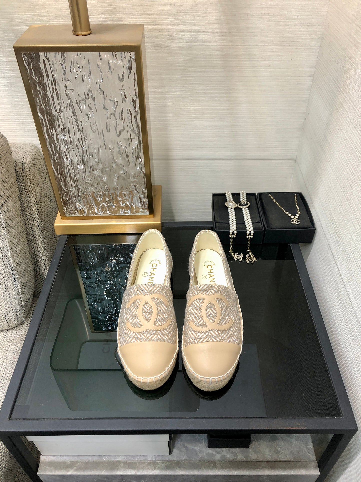 ESPADRILLE BISQUE BEIGE TWEED FABRIC AND CALFSKIN FLATS - 35