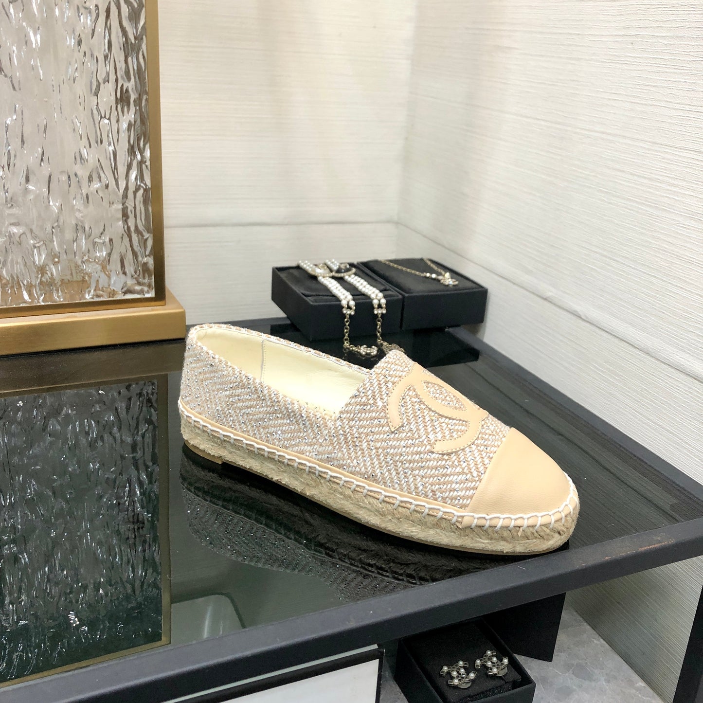 ESPADRILLE BISQUE BEIGE TWEED FABRIC AND CALFSKIN FLATS - 35