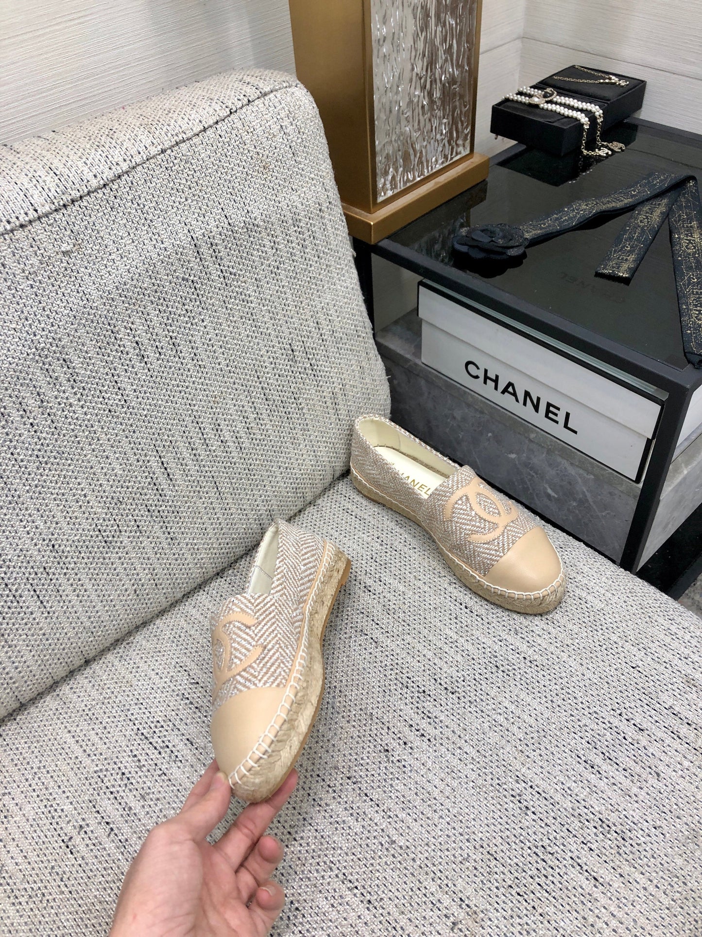ESPADRILLE BISQUE BEIGE TWEED FABRIC AND CALFSKIN FLATS - 35
