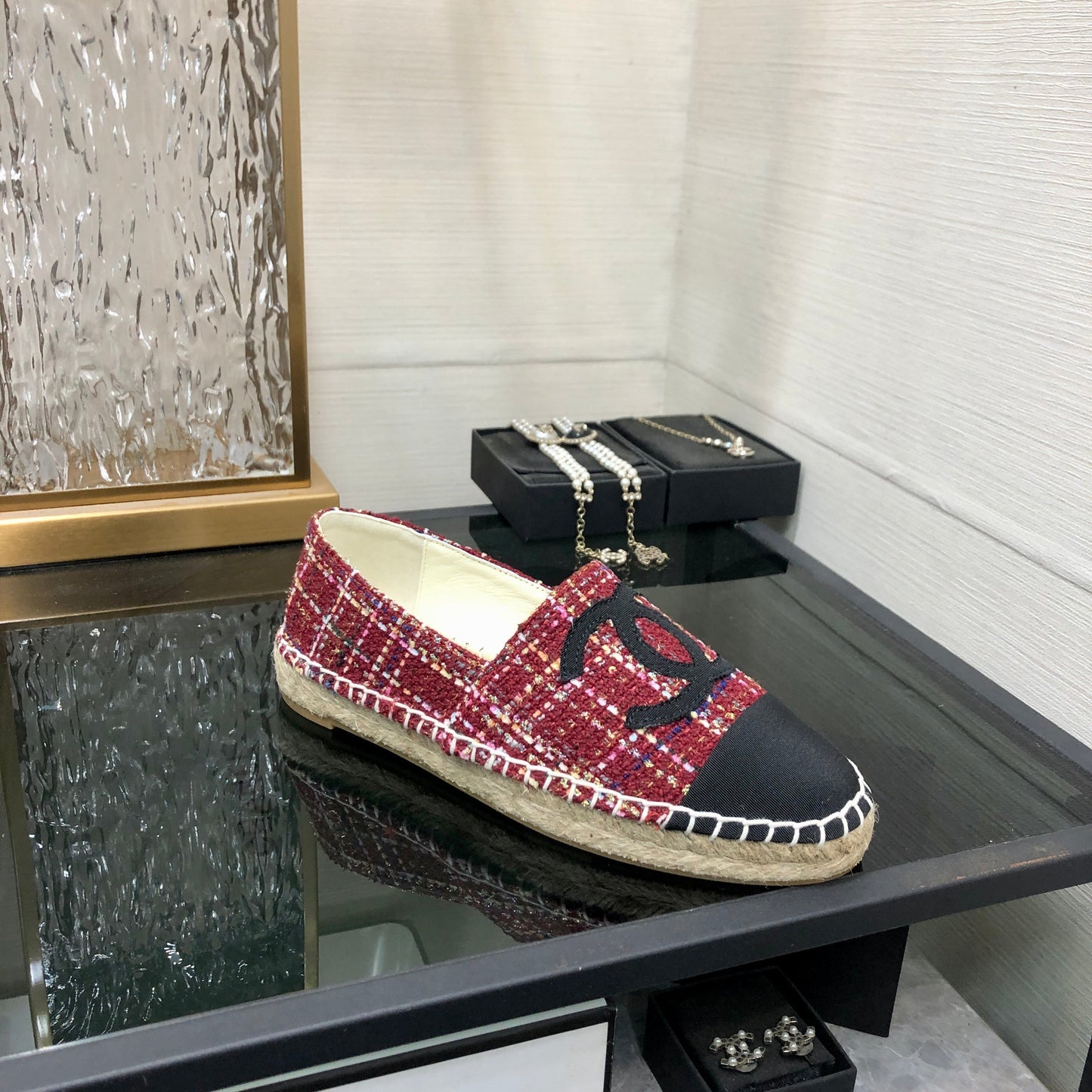 ESPADRILLE BLACK MIX CRIMSON RED TWEED FABRIC FLATS - 35