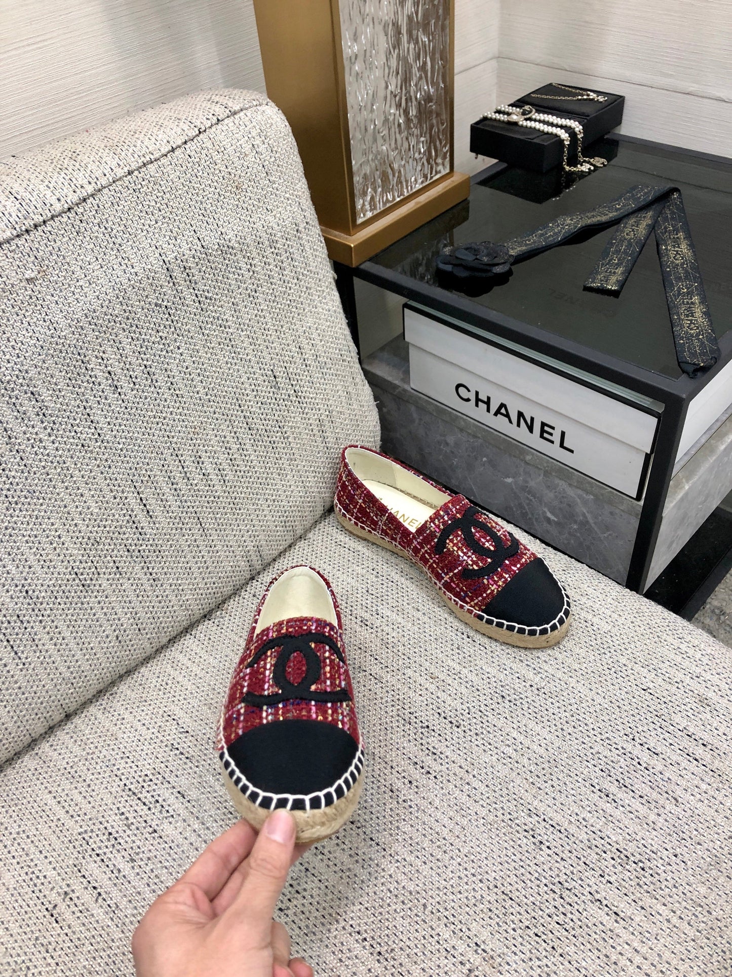 ESPADRILLE BLACK MIX CRIMSON RED TWEED FABRIC FLATS - 35