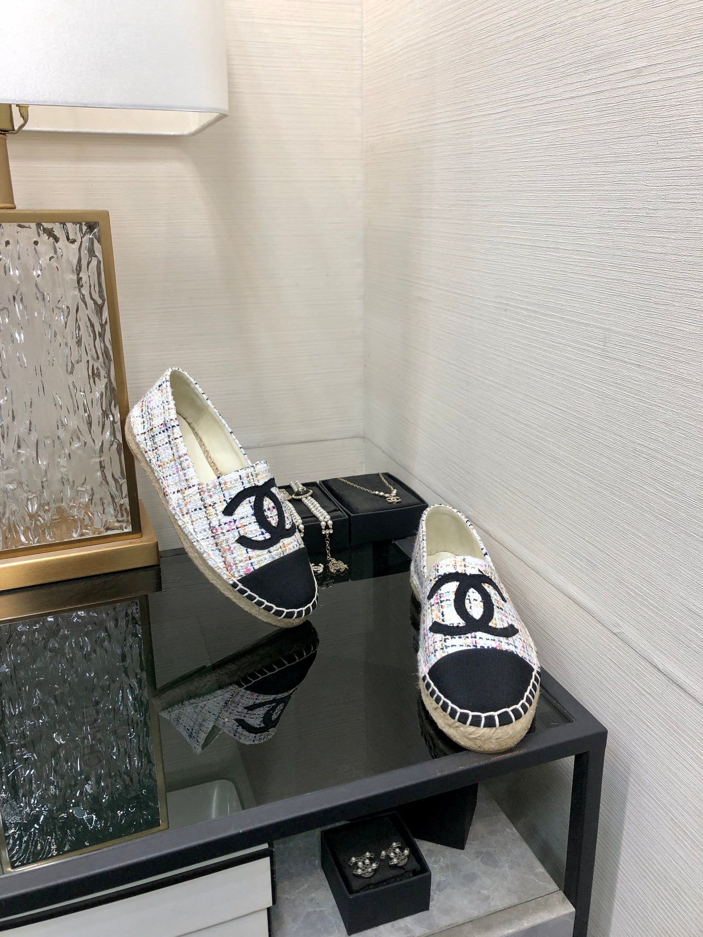 ESPADRILLE WHITE MIX BLACK TWEED FABRIC FLATS - 35