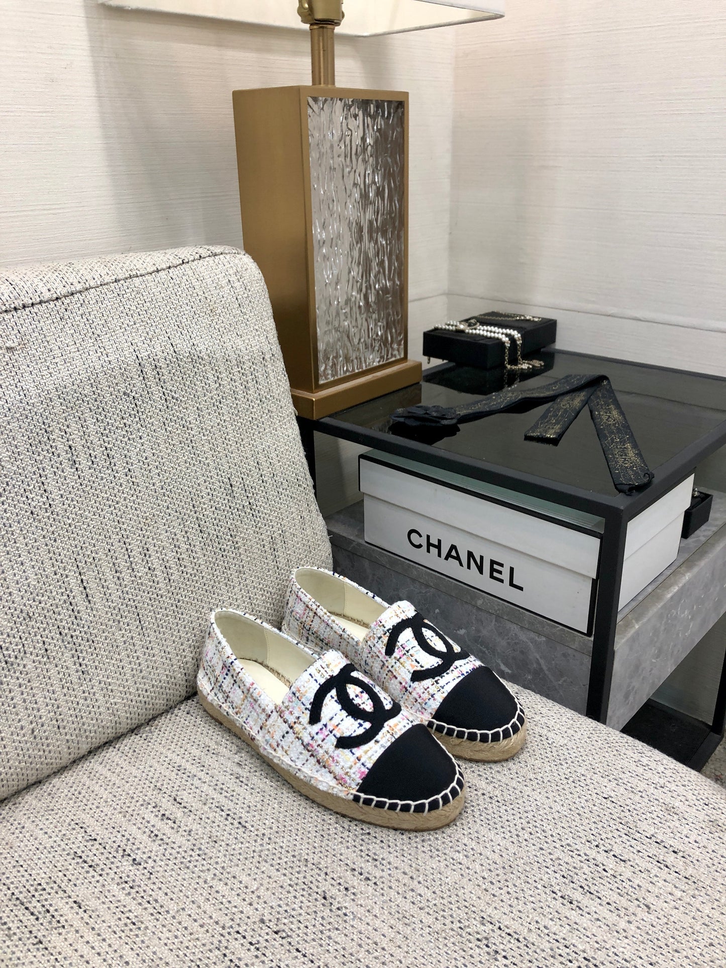 ESPADRILLE WHITE MIX BLACK TWEED FABRIC FLATS - 35