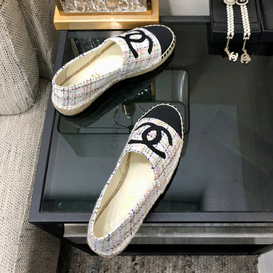 ESPADRILLE WHITE MIX BLACK TWEED FABRIC FLATS - 35