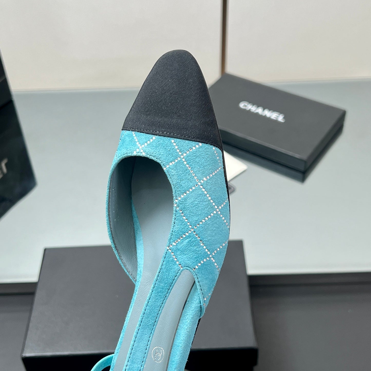 CC SLINGBACK 25S 25 MM IN BLUE SUEDE AND BLACK FABRIC - 35