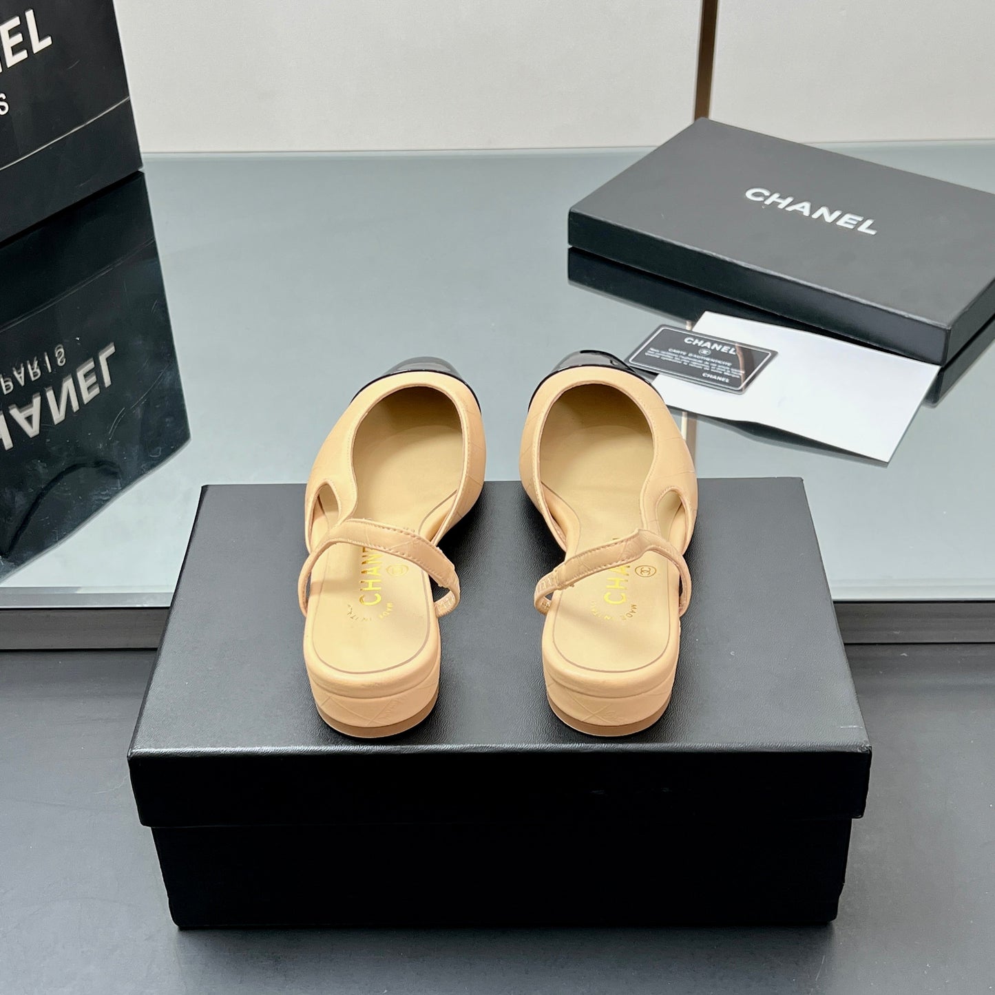CC SLINGBACK 25S 25 MM IN BEIGE LAMBSKIN AND BLACK GLOSSY LEATHER WITH CHECK PATTERN - 35
