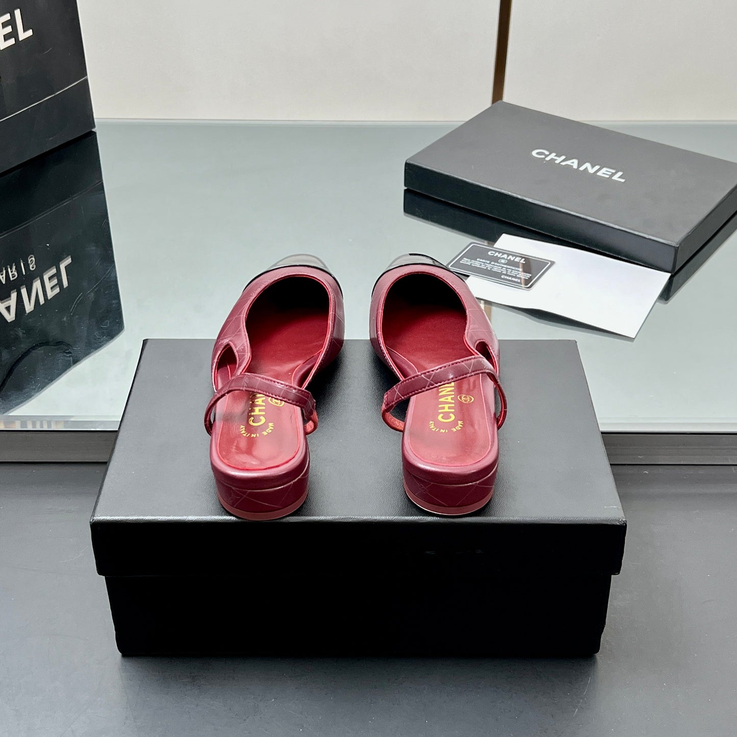 CC SLINGBACK 25S 25 MM IN BURGUNDY LAMBSKIN AND BLACK GLOSSY LEATHER WITH CHECK PATTERN - 35