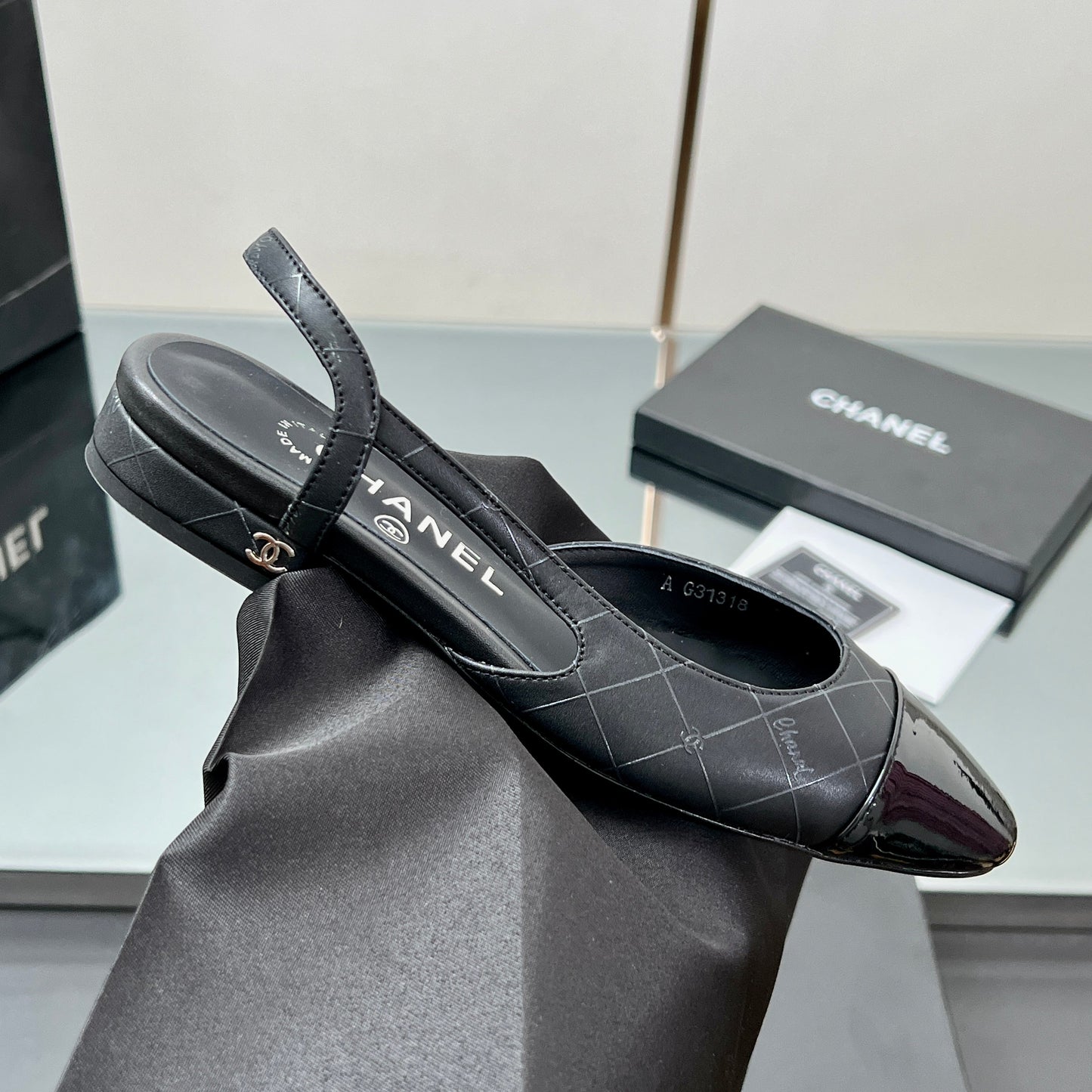 CC SLINGBACK 25S 25 MM IN BLACK LAMBSKIN WITH CHECK PATTERN - 35