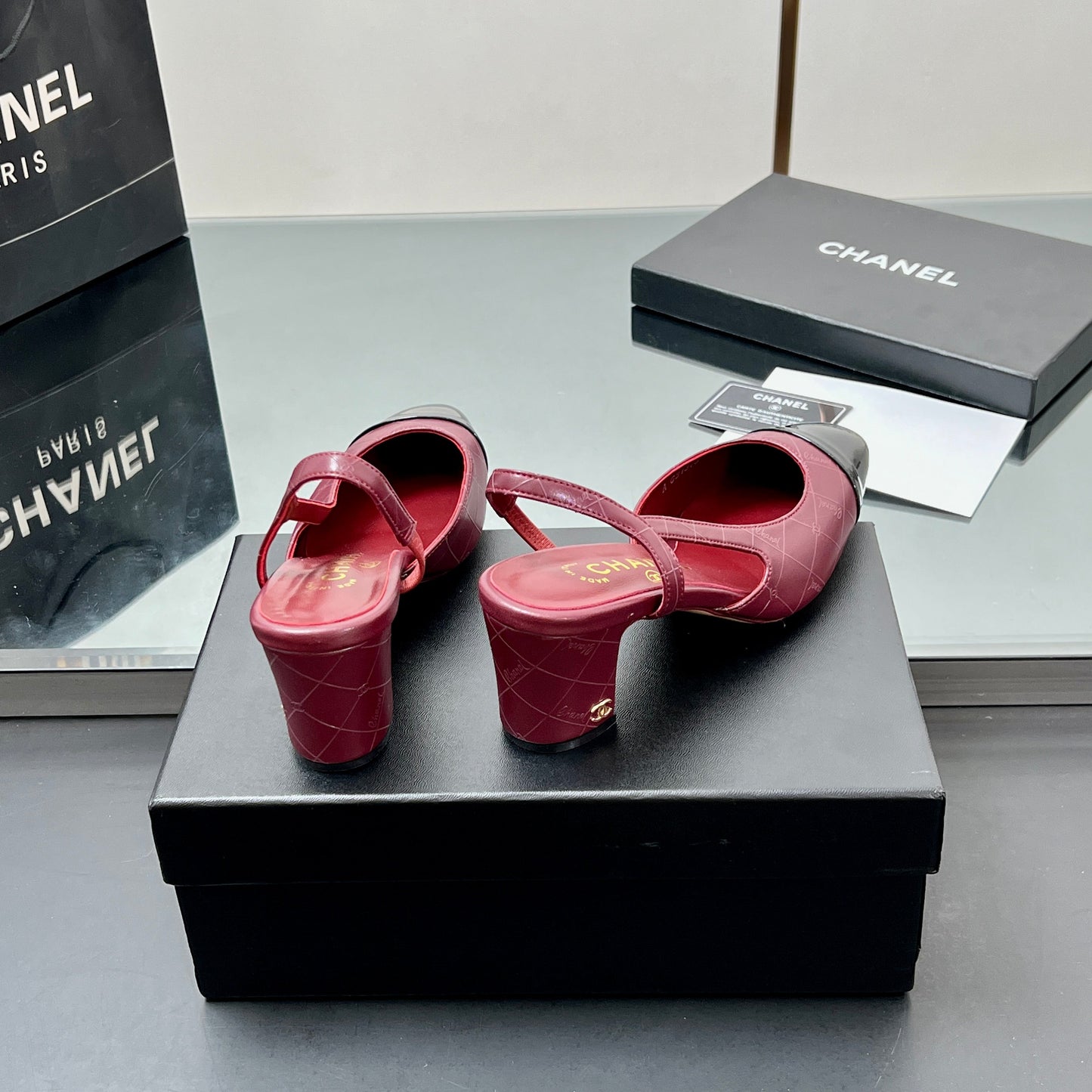 CC SLINGBACK 25S 65 MM IN BURGUNDY LAMBSKIN AND BLACK GLOSSY LEATHER WITH CHECK PATTERN - 35