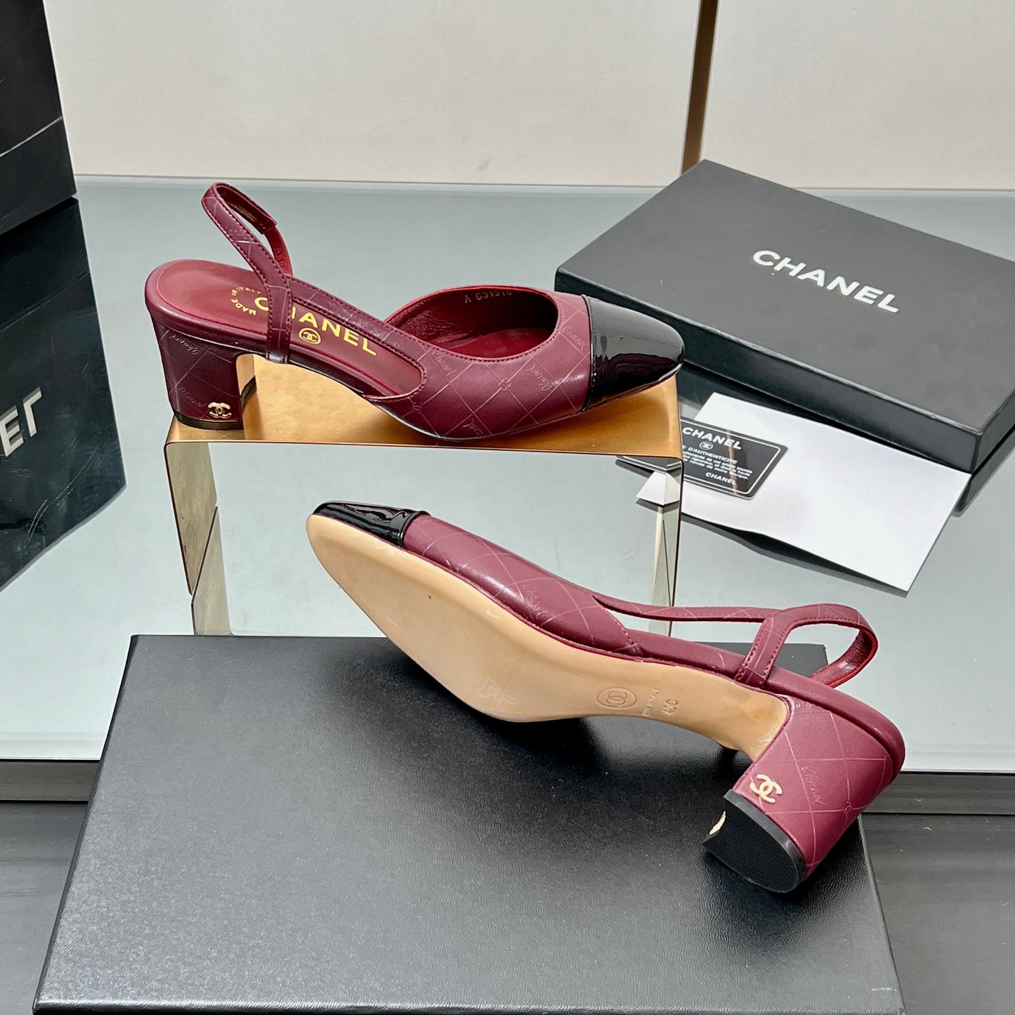 CC SLINGBACK 25S 65 MM IN BURGUNDY LAMBSKIN AND BLACK GLOSSY LEATHER WITH CHECK PATTERN - 35