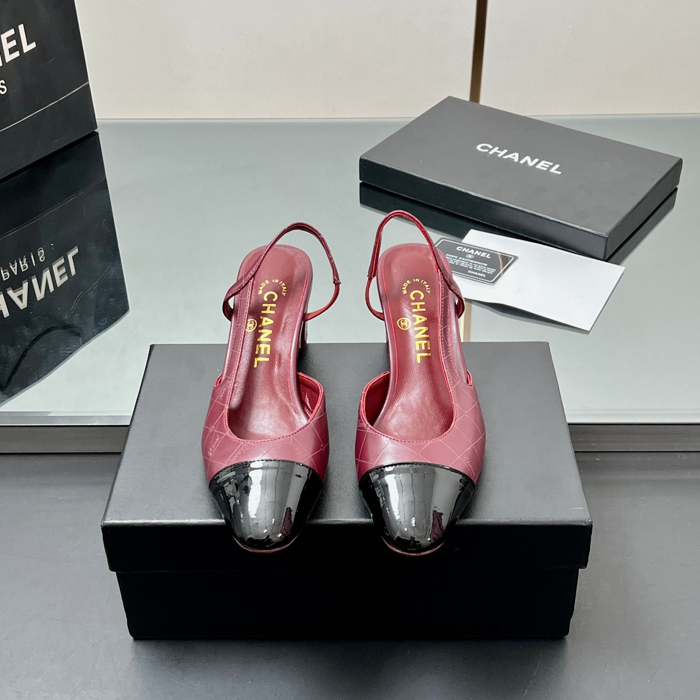 CC SLINGBACK 25S 65 MM IN BURGUNDY LAMBSKIN AND BLACK GLOSSY LEATHER WITH CHECK PATTERN - 35