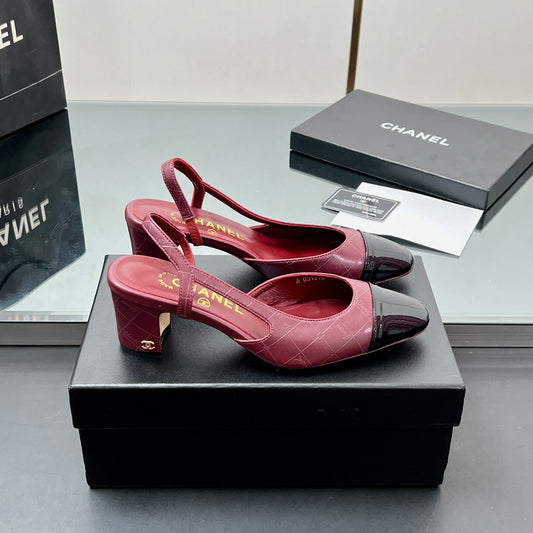 CC SLINGBACK 25S 65 MM IN BURGUNDY LAMBSKIN AND BLACK GLOSSY LEATHER WITH CHECK PATTERN - 35