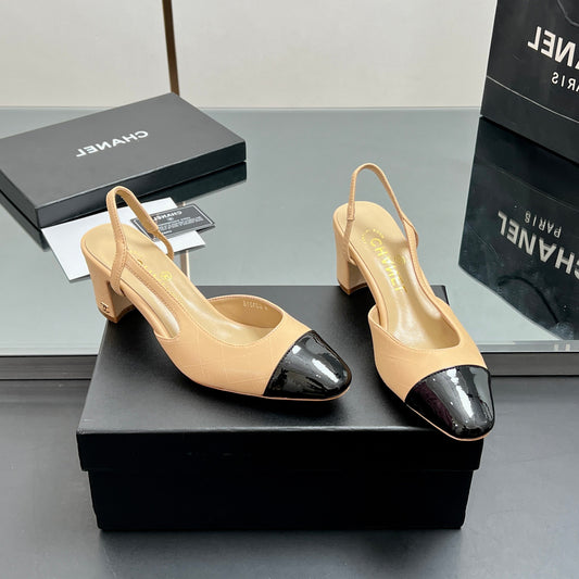 CC SLINGBACK 25S 65 MM IN BEIGE LAMBSKIN AND BLACK GLOSSY LEATHER WITH CHECK PATTERN - 35