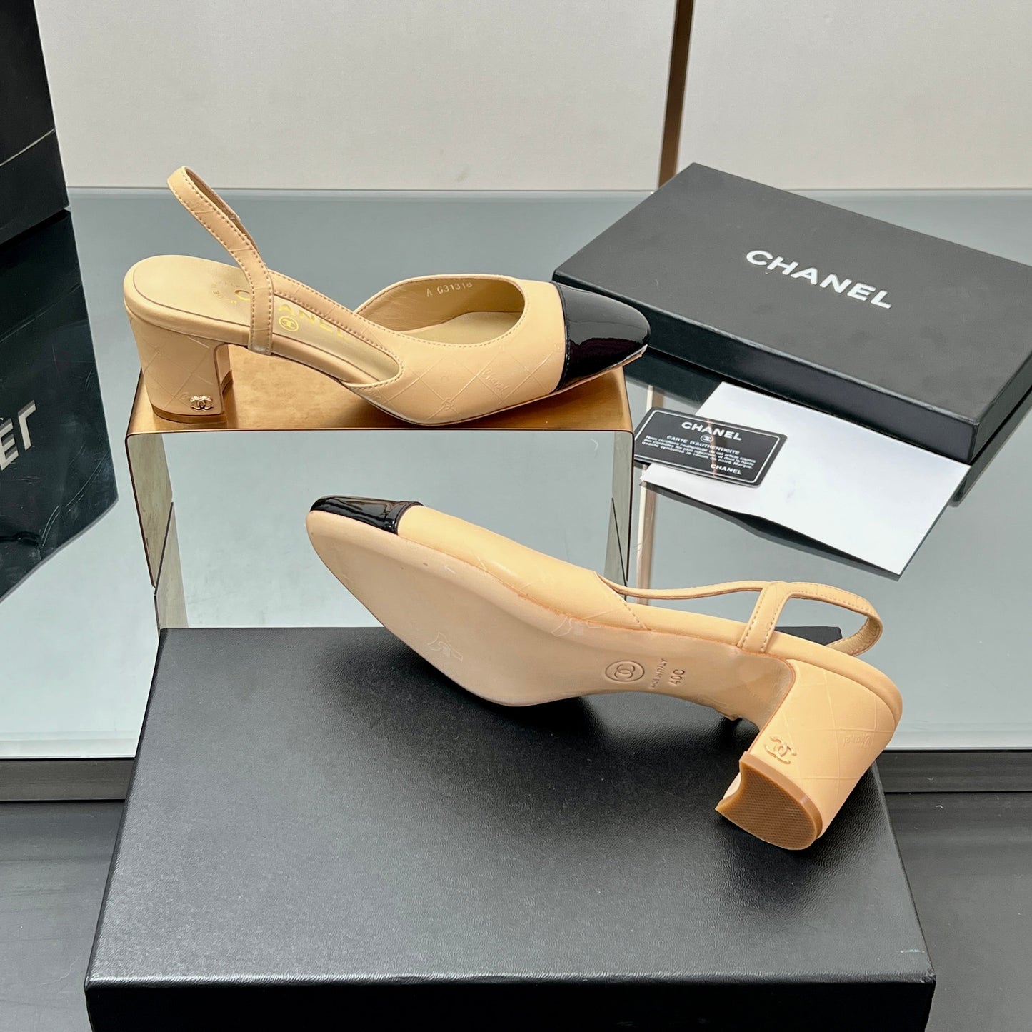 CC SLINGBACK 25S 65 MM IN BEIGE LAMBSKIN AND BLACK GLOSSY LEATHER WITH CHECK PATTERN - 35