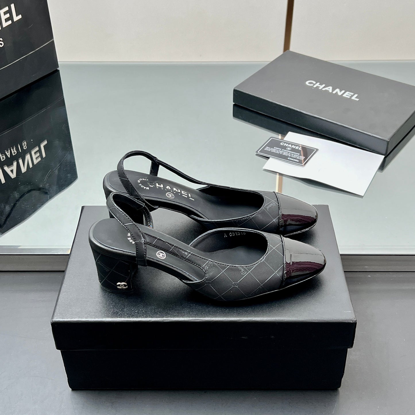 CC SLINGBACK 25S 65 MM IN BLACK LAMBSKIN WITH CHECK PATTERN - 35