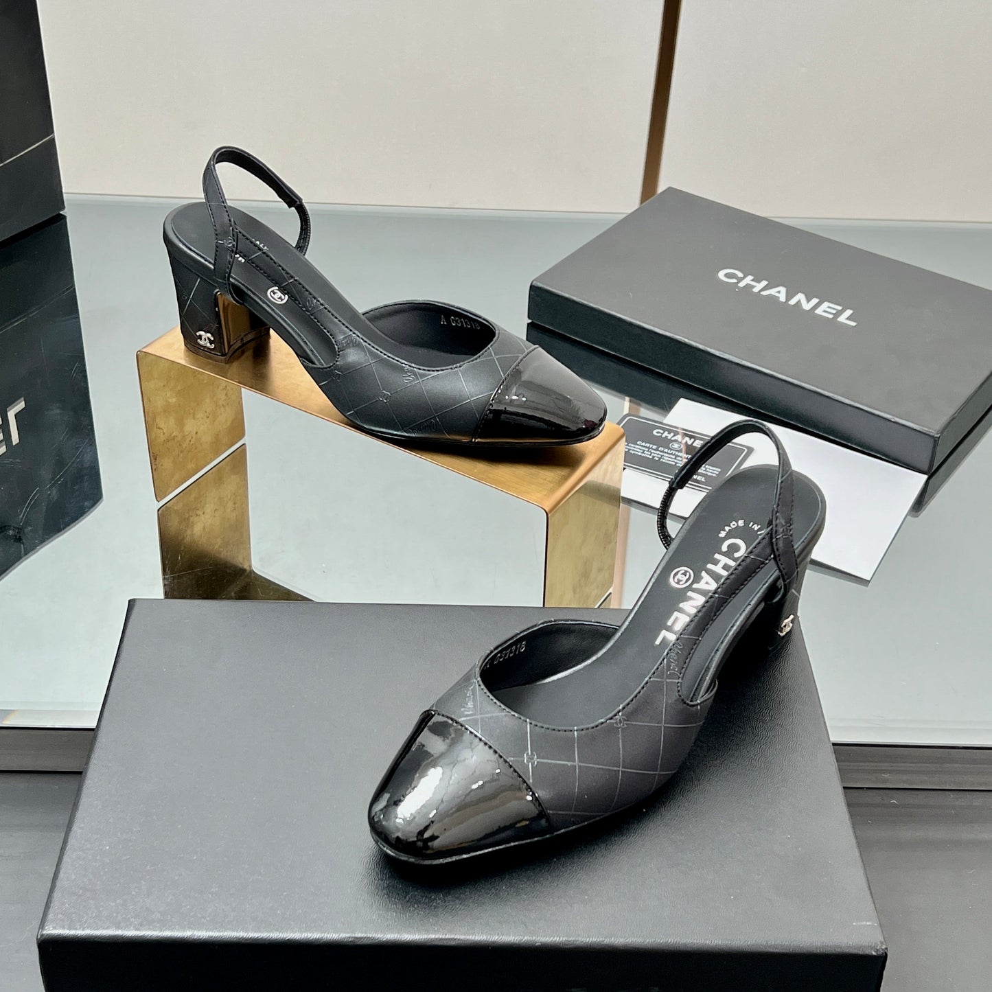 CC SLINGBACK 25S 65 MM IN BLACK LAMBSKIN WITH CHECK PATTERN - 35