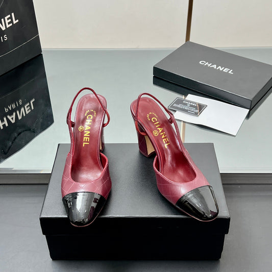 CC SLINGBACK 25S 90 MM IN BURGUNDY LAMBSKIN AND BLACK GLOSSY LEATHER WITH CHECK PATTERN - 35