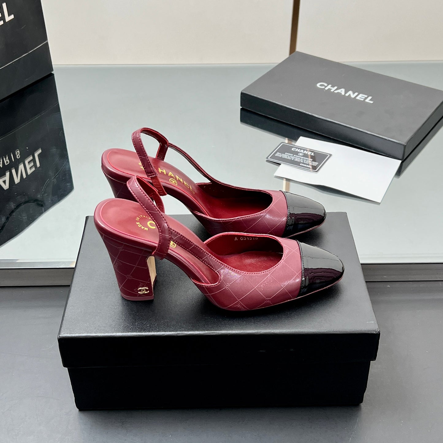 CC SLINGBACK 25S 90 MM IN BURGUNDY LAMBSKIN AND BLACK GLOSSY LEATHER WITH CHECK PATTERN - 35